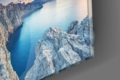 Rocky Cove Flying Birds Sunset Glass Wall Art