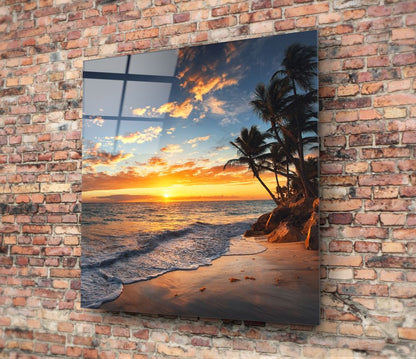Orange Sunset Cove Palm Trees Glass Wall Art