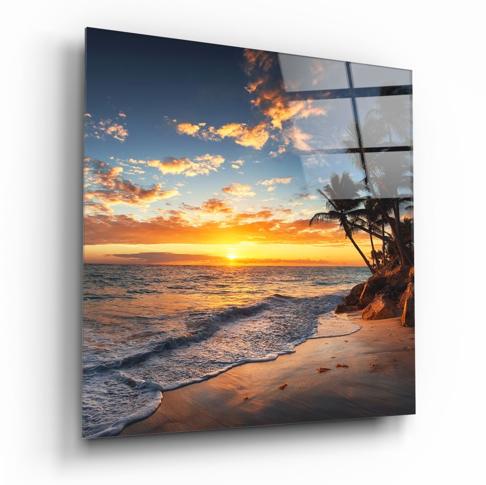 Orange Sunset Cove Palm Trees Glass Wall Art