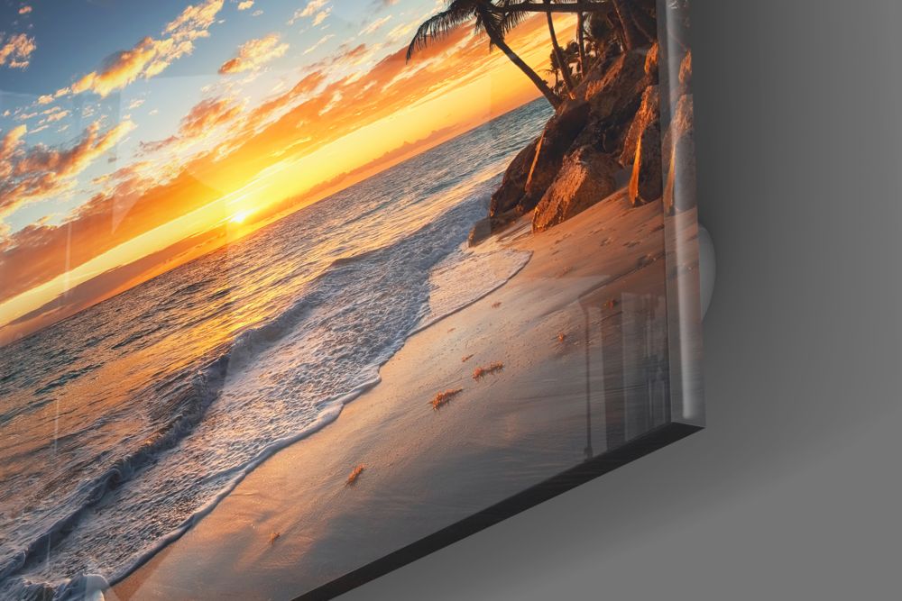 Orange Sunset Cove Palm Trees Glass Wall Art