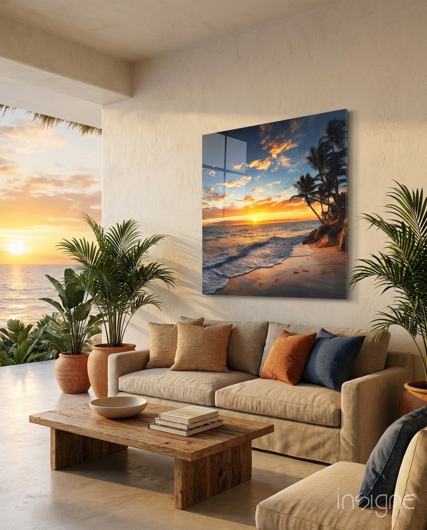 Orange Sunset Cove Palm Trees Glass Wall Art