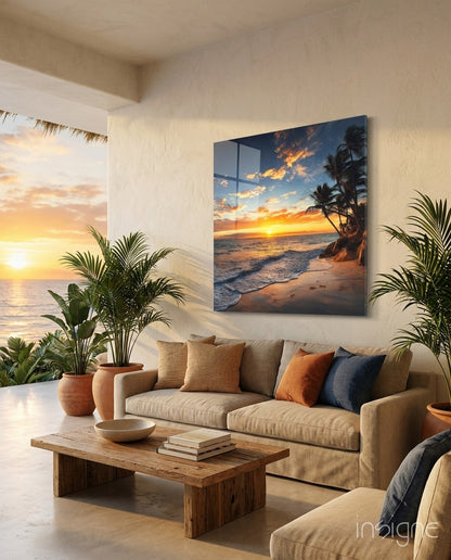 Orange Sunset Cove Palm Trees Glass Wall Art