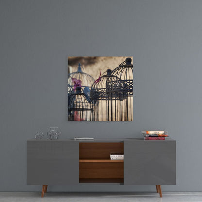 Black decorative bird cages with ornate details displayed on grey wall above mid-century modern sideboard.