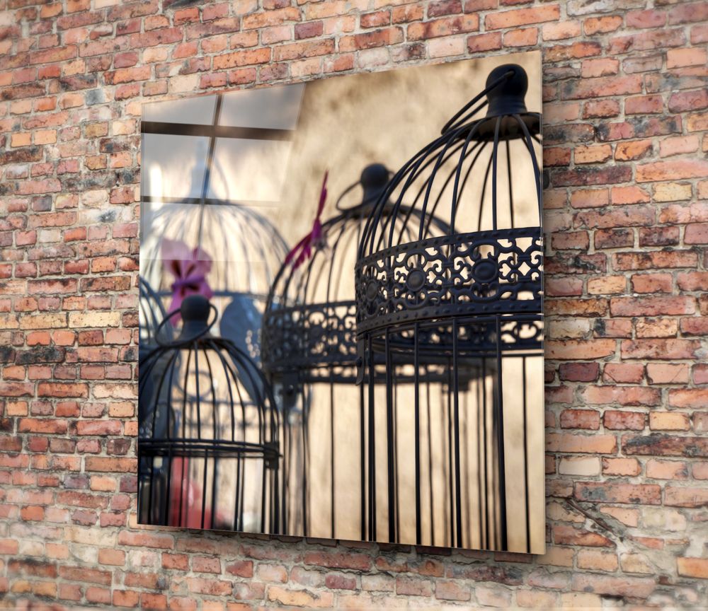 Black decorative birdcages glass wall art mounted on brick wall, casting shadows with purple flower visible inside.