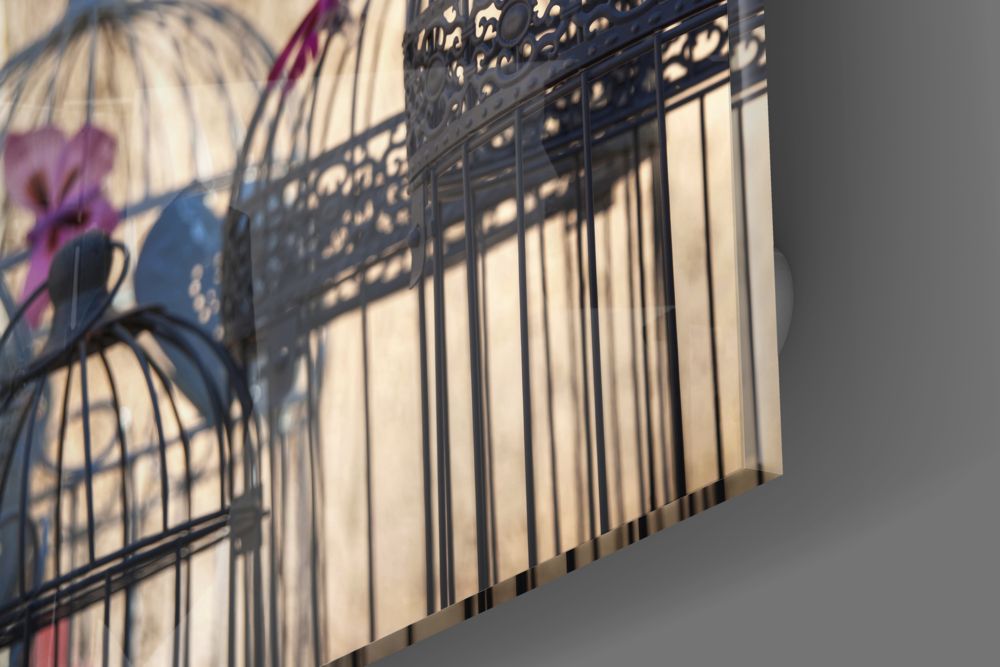 Decorative bird cage glass wall art casting ornate shadows on white wall with purple flower detail visible.
