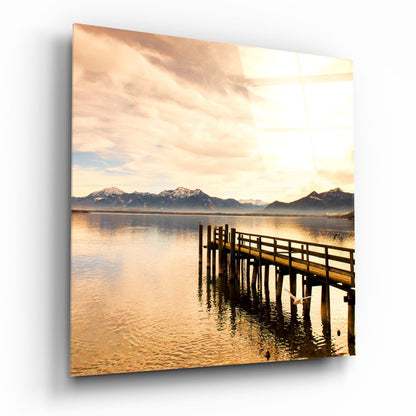 Golden Mountain Lake Dock Glass Wall Art