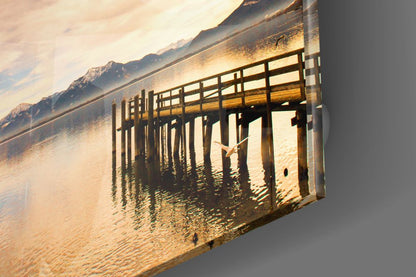 Golden Mountain Lake Dock Glass Wall Art