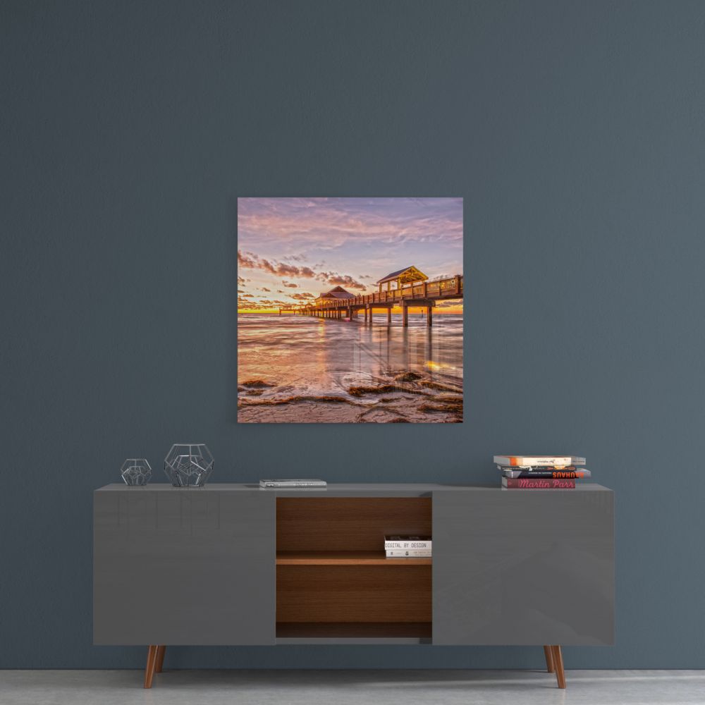 Pink Sunset Pavilion Dock Glass Wall Art