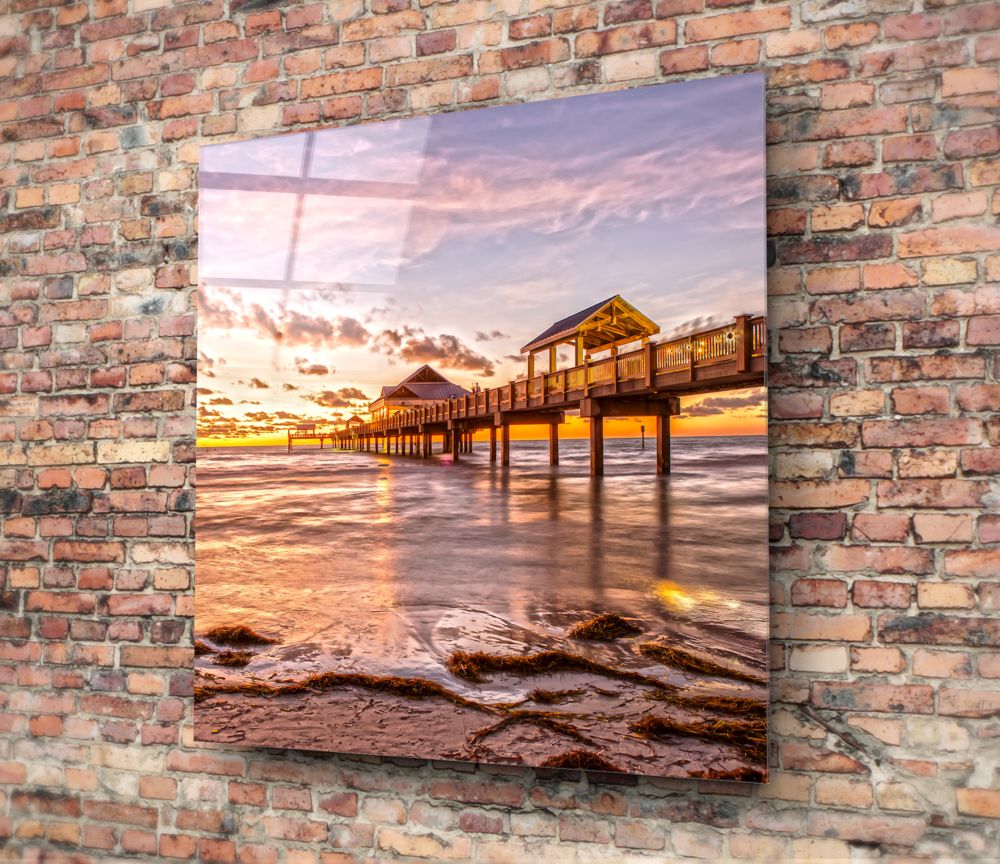 Pink Sunset Pavilion Dock Glass Wall Art