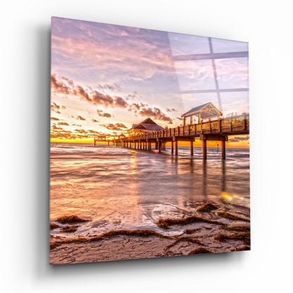 Pink Sunset Pavilion Dock Glass Wall Art