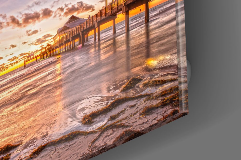 Pink Sunset Pavilion Dock Glass Wall Art