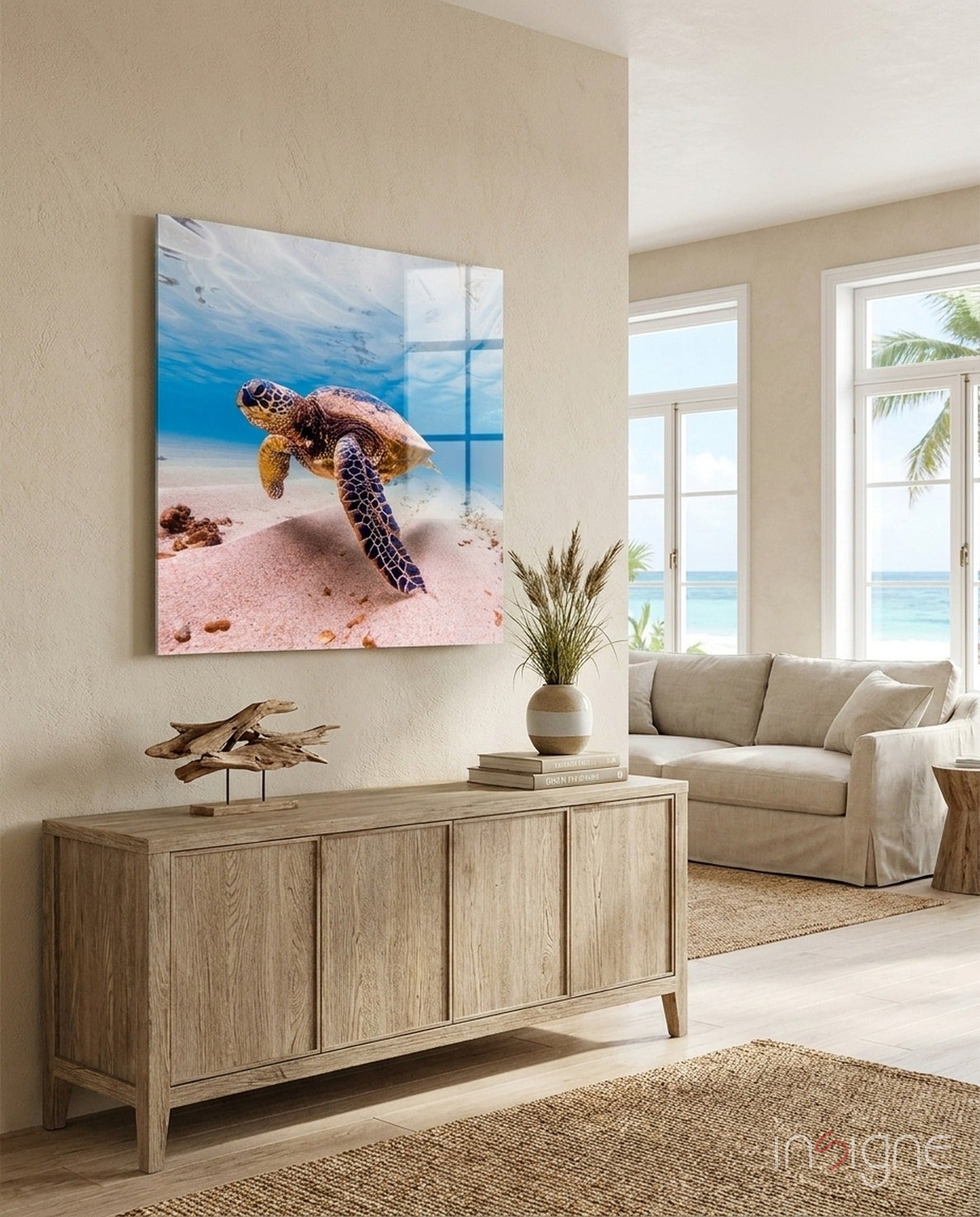 Green Sea Turtle Pink Seabed Glass Wall Art