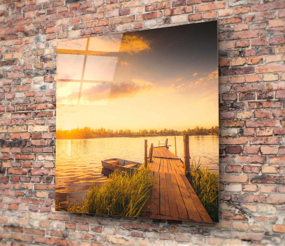 Rowboat and Reeds Dock Glass Wall Art