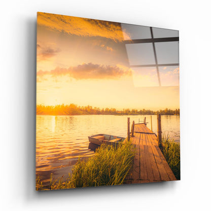 Rowboat and Reeds Dock Glass Wall Art