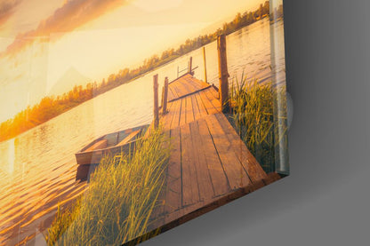 Rowboat and Reeds Dock Glass Wall Art