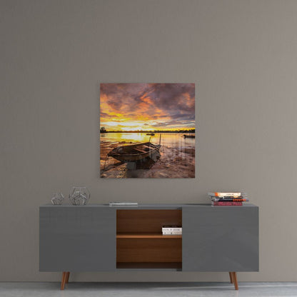 Wooden Rowboat Fiery Lake Sunset Glass Wall Art