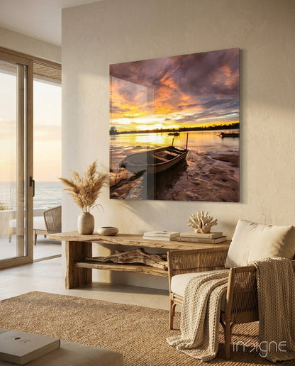 Wooden Rowboat Fiery Lake Sunset Glass Wall Art