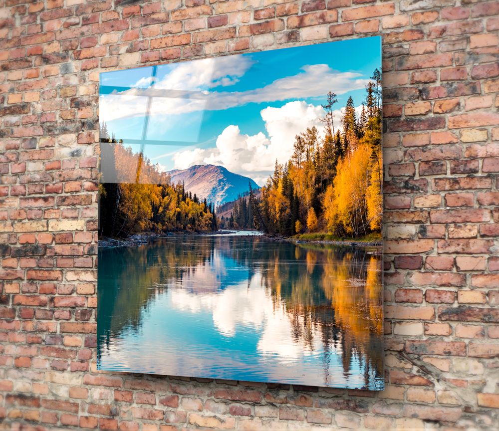 Turquoise Autumn River Valley Glass Wall Art