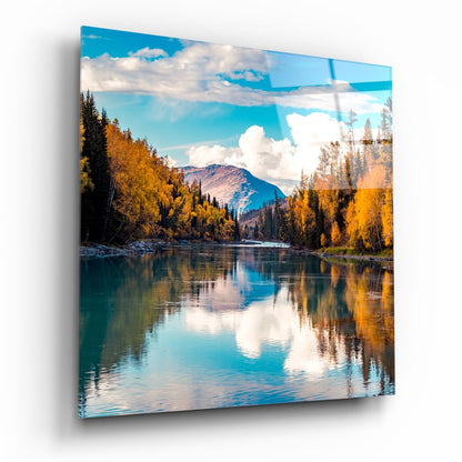 Turquoise Autumn River Valley Glass Wall Art