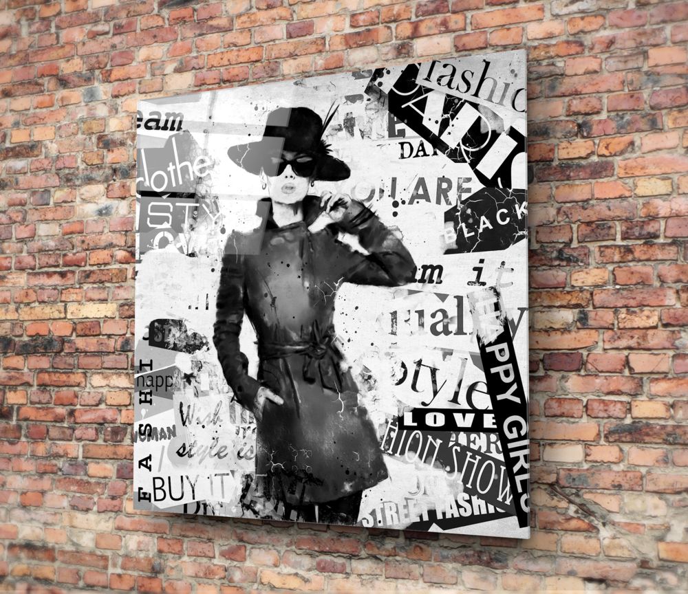 Monochrome Newspaper Collage Hat Woman Glass Wall Art