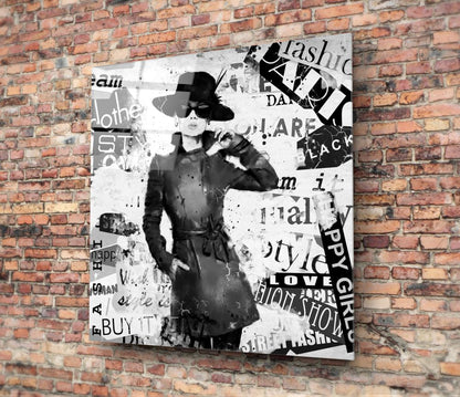Monochrome Newspaper Collage Hat Woman Glass Wall Art
