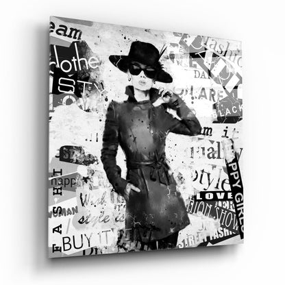 Monochrome Newspaper Collage Hat Woman Glass Wall Art