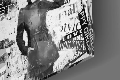 Monochrome Newspaper Collage Hat Woman Glass Wall Art