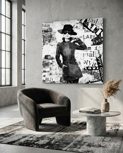 Monochrome Newspaper Collage Hat Woman Glass Wall Art