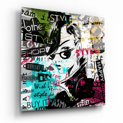 Colorful Magazine Collage Sunglasses Woman Glass Wall Art