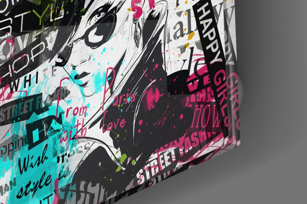 Colorful Magazine Collage Sunglasses Woman Glass Wall Art