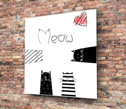 Red Heart Meow Peeking Cats Glass Wall Art