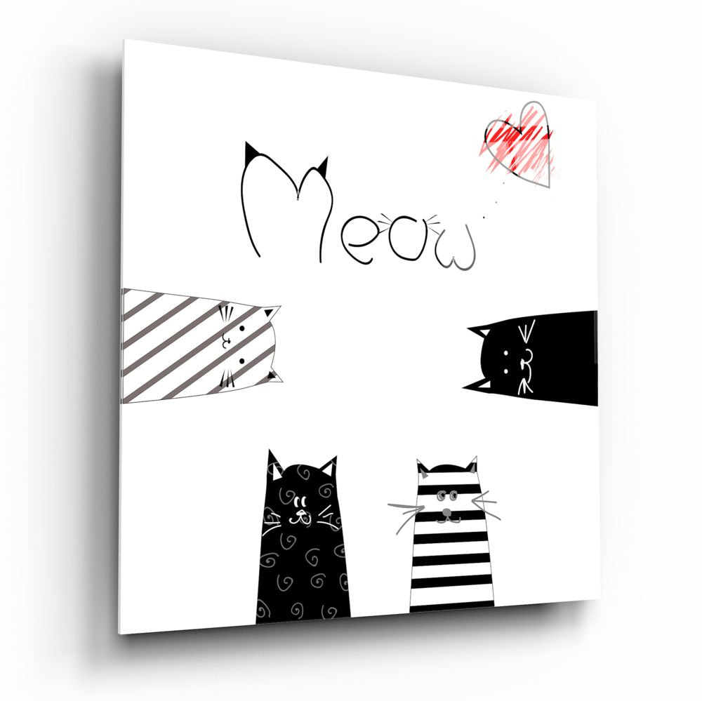 Red Heart Meow Peeking Cats Glass Wall Art