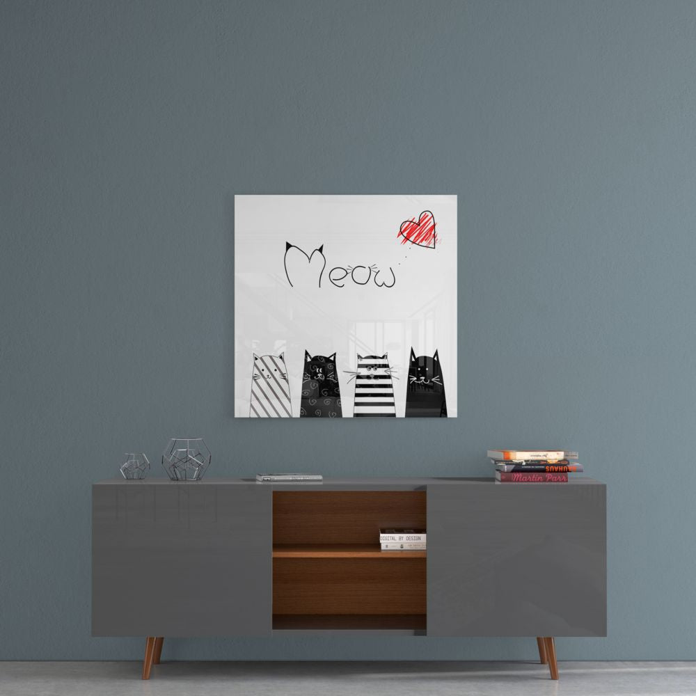 Four Striped Cats Meow Red Heart Glass Wall Art