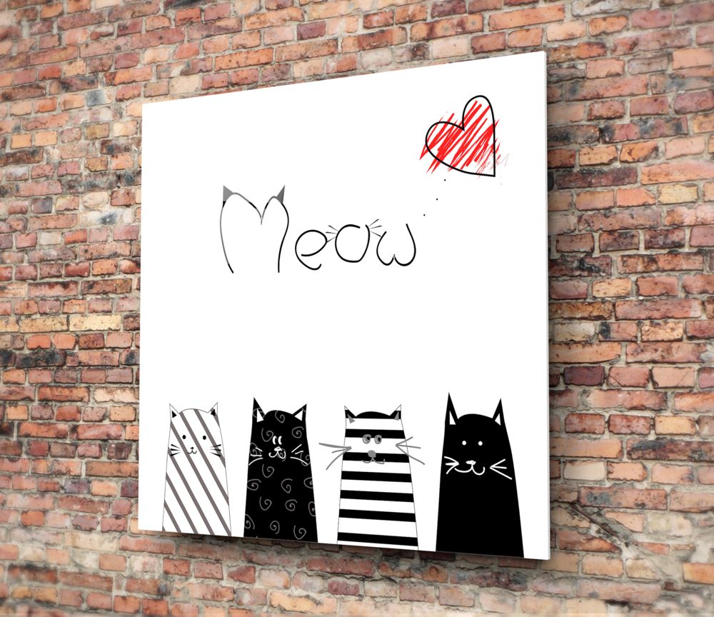 Four Striped Cats Meow Red Heart Glass Wall Art
