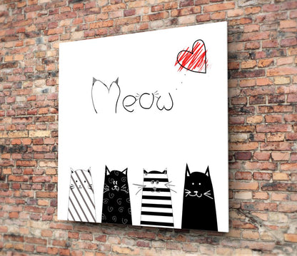 Four Striped Cats Meow Red Heart Glass Wall Art