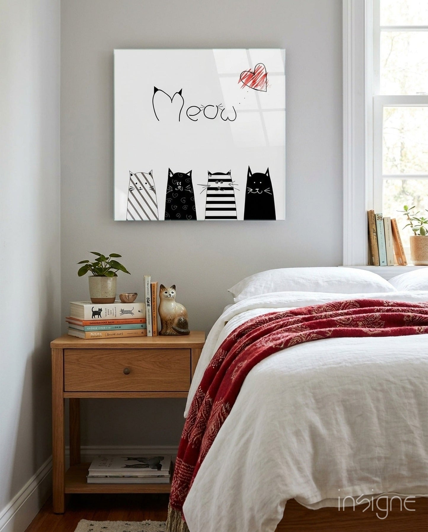 Four Striped Cats Meow Red Heart Glass Wall Art