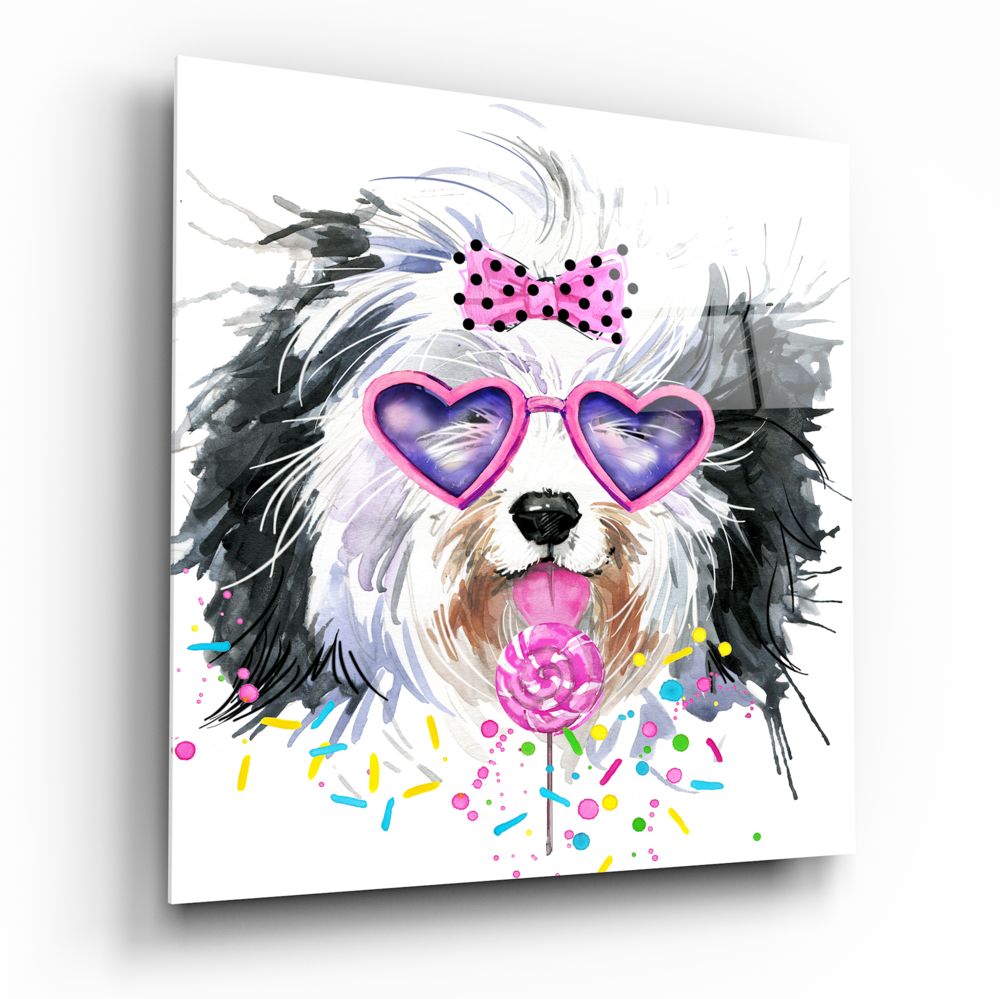 Cute dog wearing pink heart-shaped sunglasses and bow with colorful confetti splashes on white glass wall art panel.