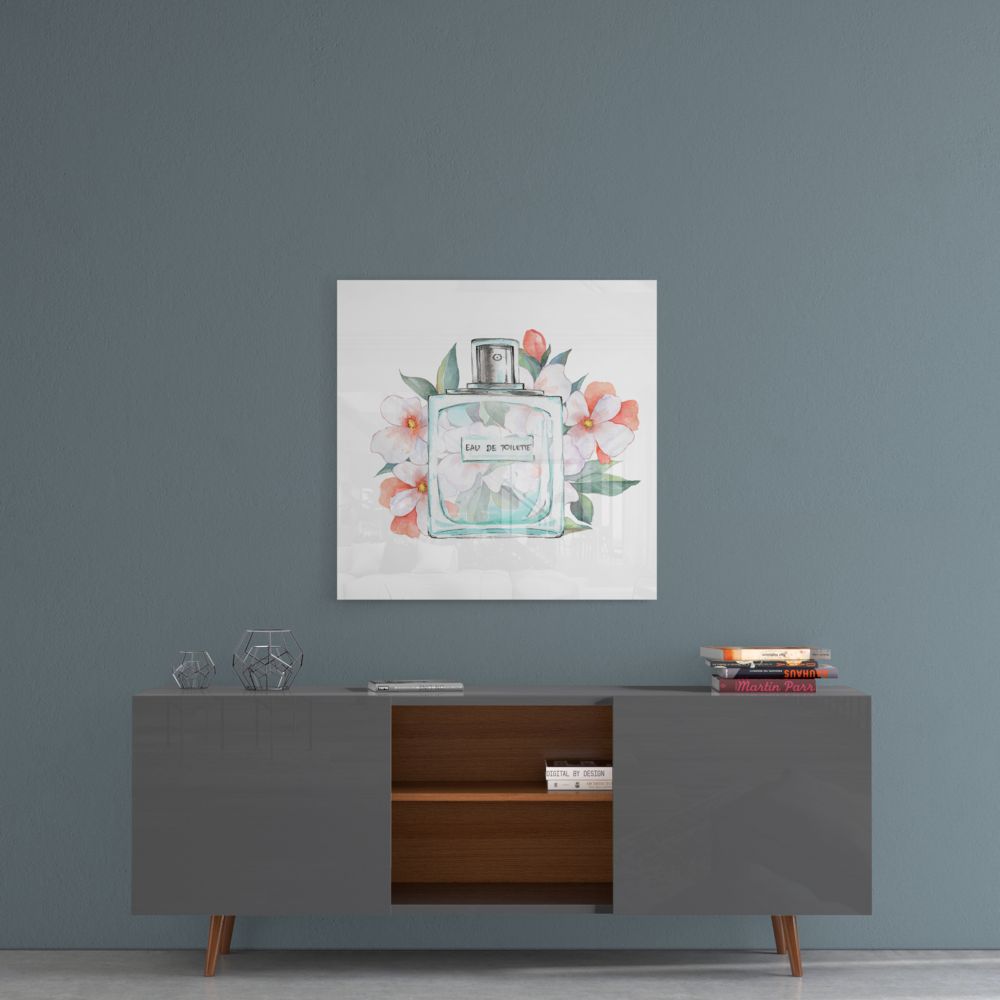 Square watercolor canvas art depicting a perfume bottle surrounded by pink and white flowers, hung above a mid-century modern dresser.