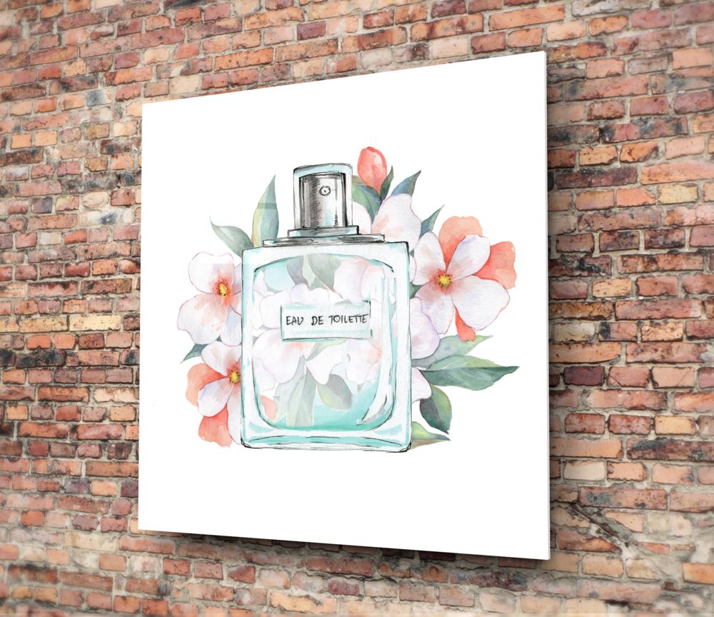 White canvas displaying watercolor illustration of rectangular glass perfume bottle labeled "Eau De Toilette" surrounded by pink and coral flowers and green leaves, mounted on red brick wall.