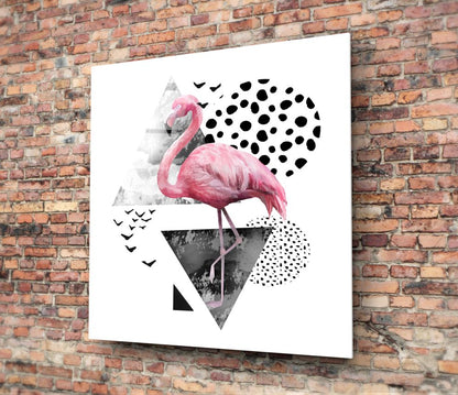 Pink Flamingo Geometric Shapes Glass Wall Art