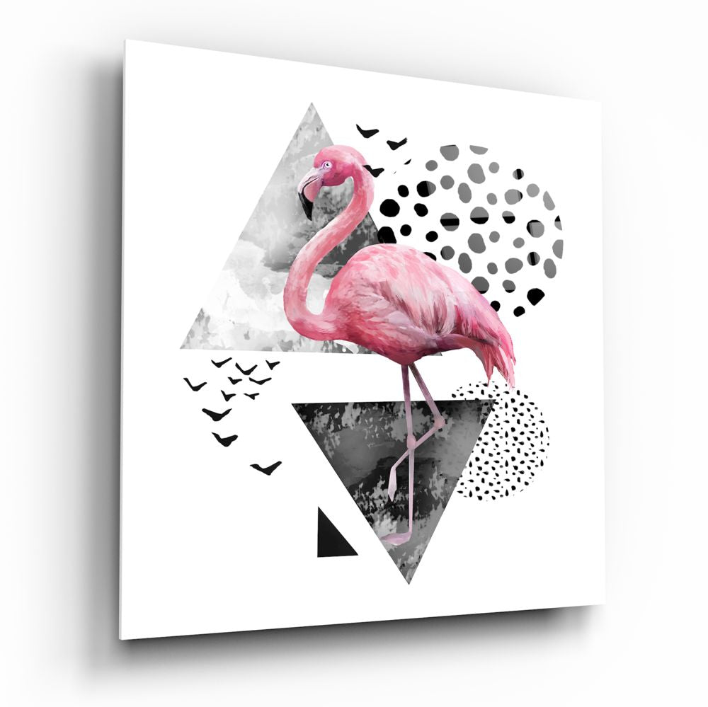 Pink Flamingo Geometric Shapes Glass Wall Art