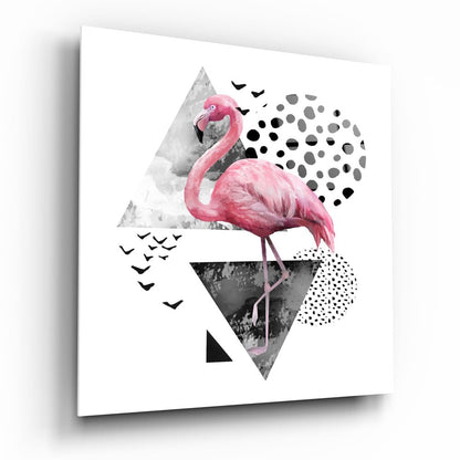 Pink Flamingo Geometric Shapes Glass Wall Art