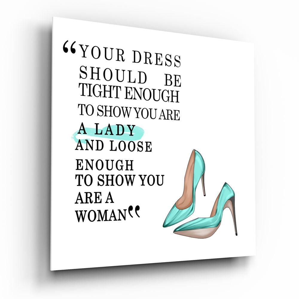 Canvas wall art with black serif text quote and turquoise high-heeled shoes illustration on white background.