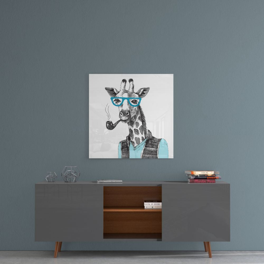 Mr. Giraffe Glass Wall Art hanging above a mid-century modern credenza, featuring a sketched giraffe wearing blue glasses and smoking a pipe with turquoise accents.