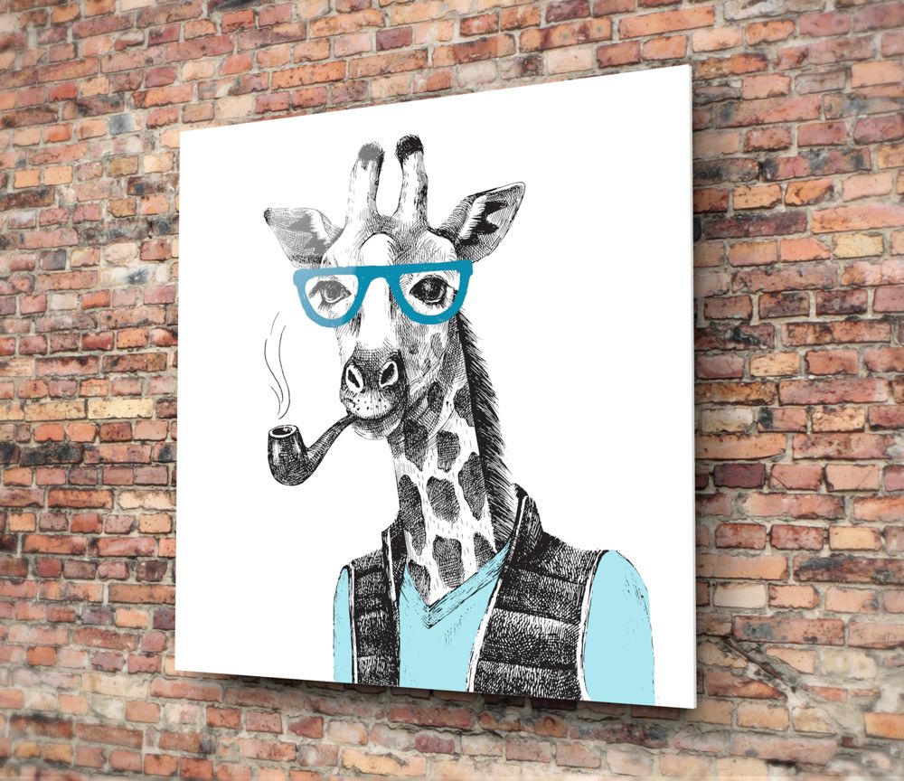 Mr. Giraffe Glass Wall Art displayed on a brick wall, showing a sketched giraffe wearing blue glasses and smoking a pipe with a light blue vest.