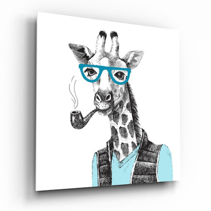 Illustration of a giraffe wearing blue eyeglasses and holding a smoking pipe, dressed in a light blue shirt and dark vest.