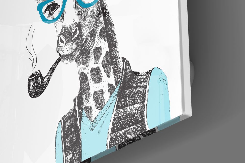 Mr. Giraffe Glass Wall Art displayed at an angle showing black ink illustration with turquoise blue glass accents on white background.