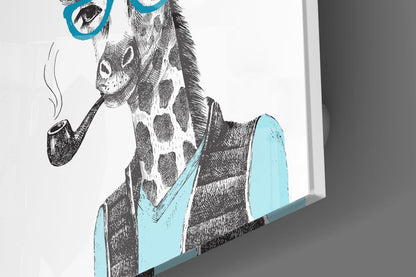 Mr. Giraffe Glass Wall Art displayed at an angle showing black ink illustration with turquoise blue glass accents on white background.