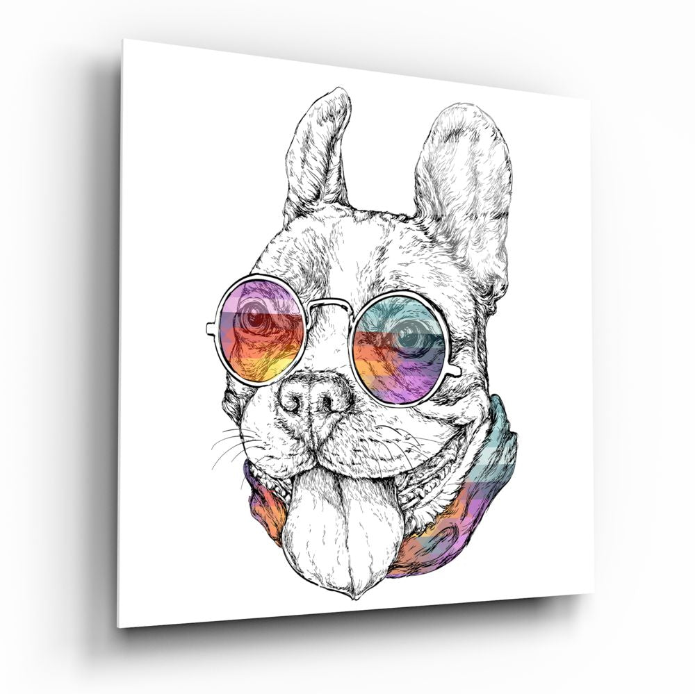 Rainbow Glasses Sketch Bulldog Glass Wall Art