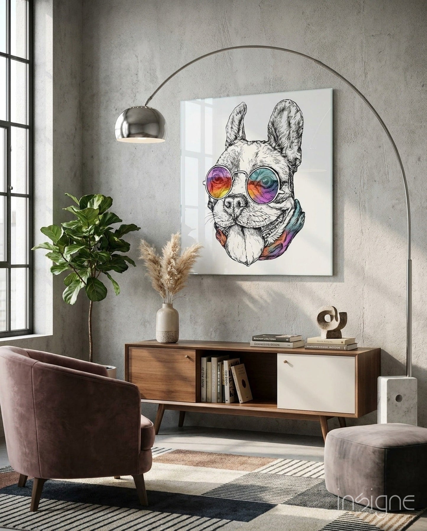 Rainbow Glasses Sketch Bulldog Glass Wall Art